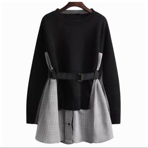 Black & White Stretch Belted Plaid Sweater Top One Size